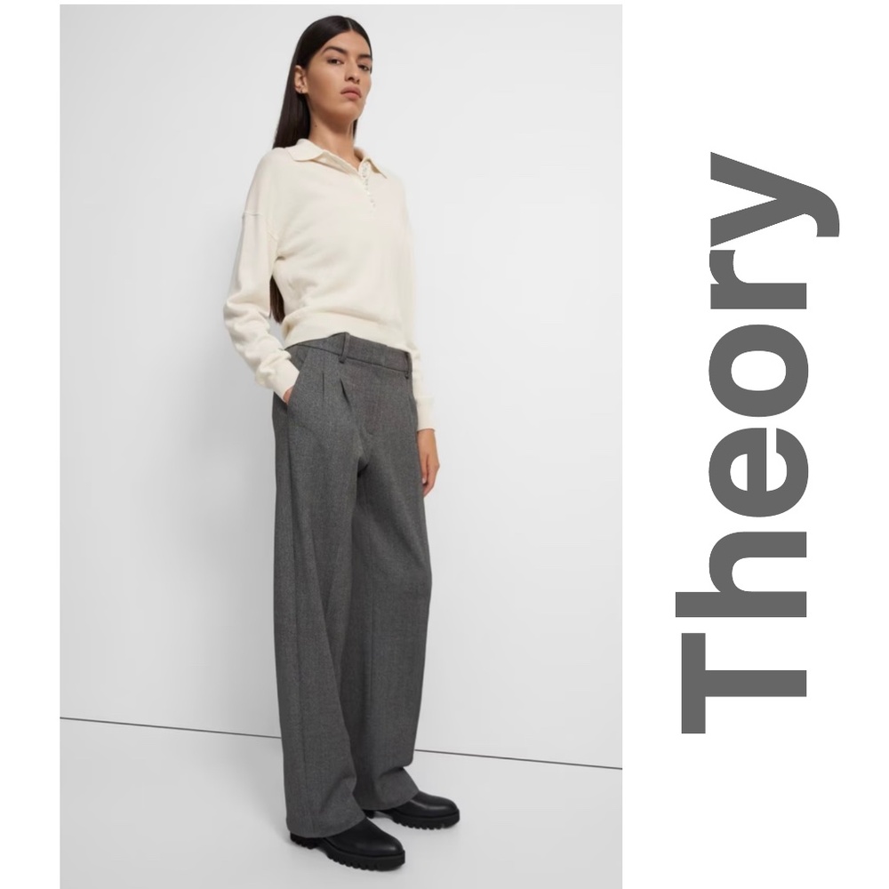 NWT THEORY PLEATED WIDE-LEG PANT in SOFT TWILL LIGHT CHARCOAL COLOR